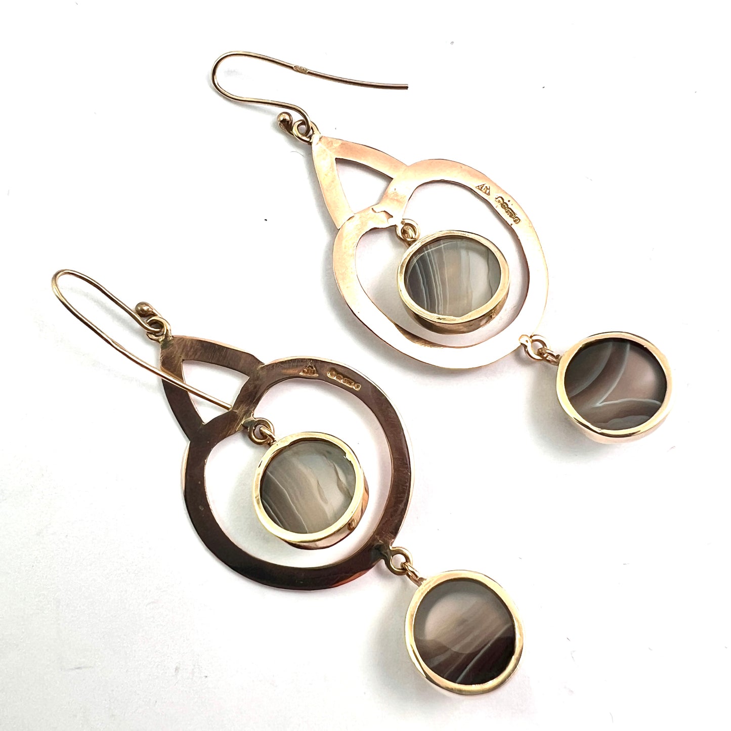 Vintage Modernist 9CT Gold Agate Drop Earrings