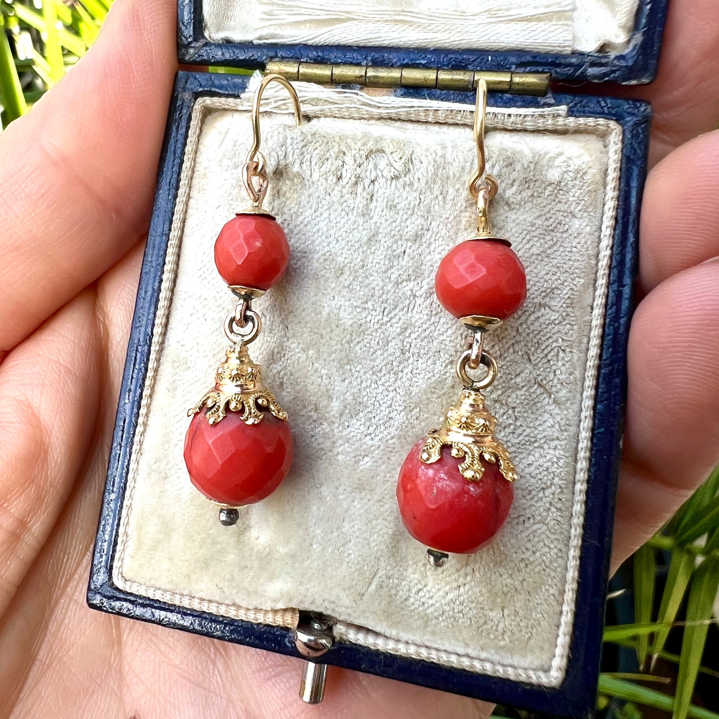 Victorian Etruscan Coral 18CT Gold Earrings