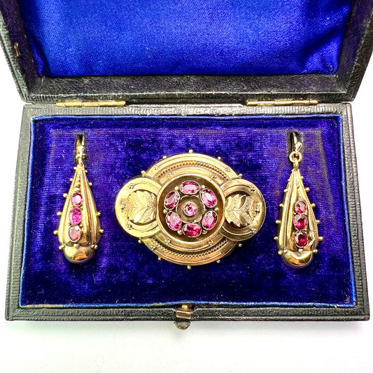Boxed Victorian Amethyst Demi Parure Earrings and Brooch