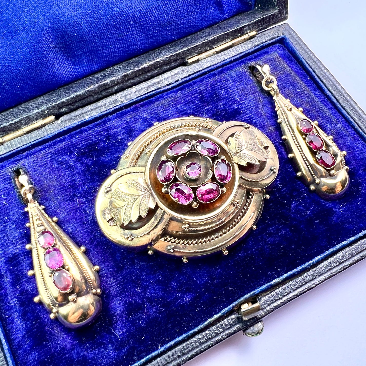 Boxed Victorian Amethyst Demi Parure Earrings and Brooch