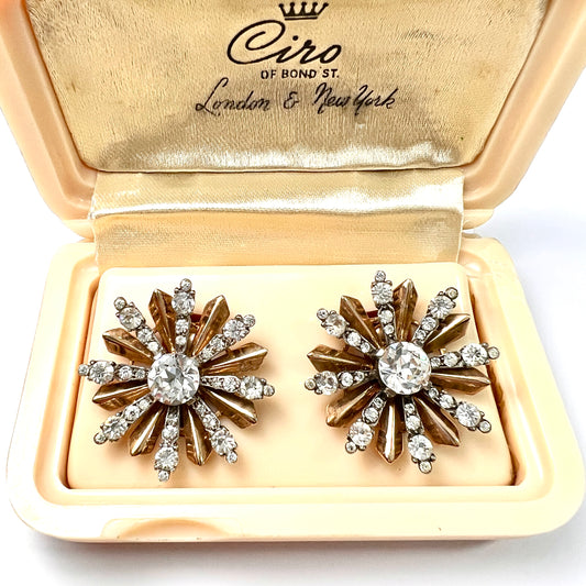 Vintage Sterling Silver and Gold Ciro Sunburst Ear Clips in Original Box