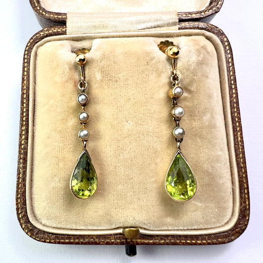 Edwardian Gold Pearl and Peridot Drop Earrings