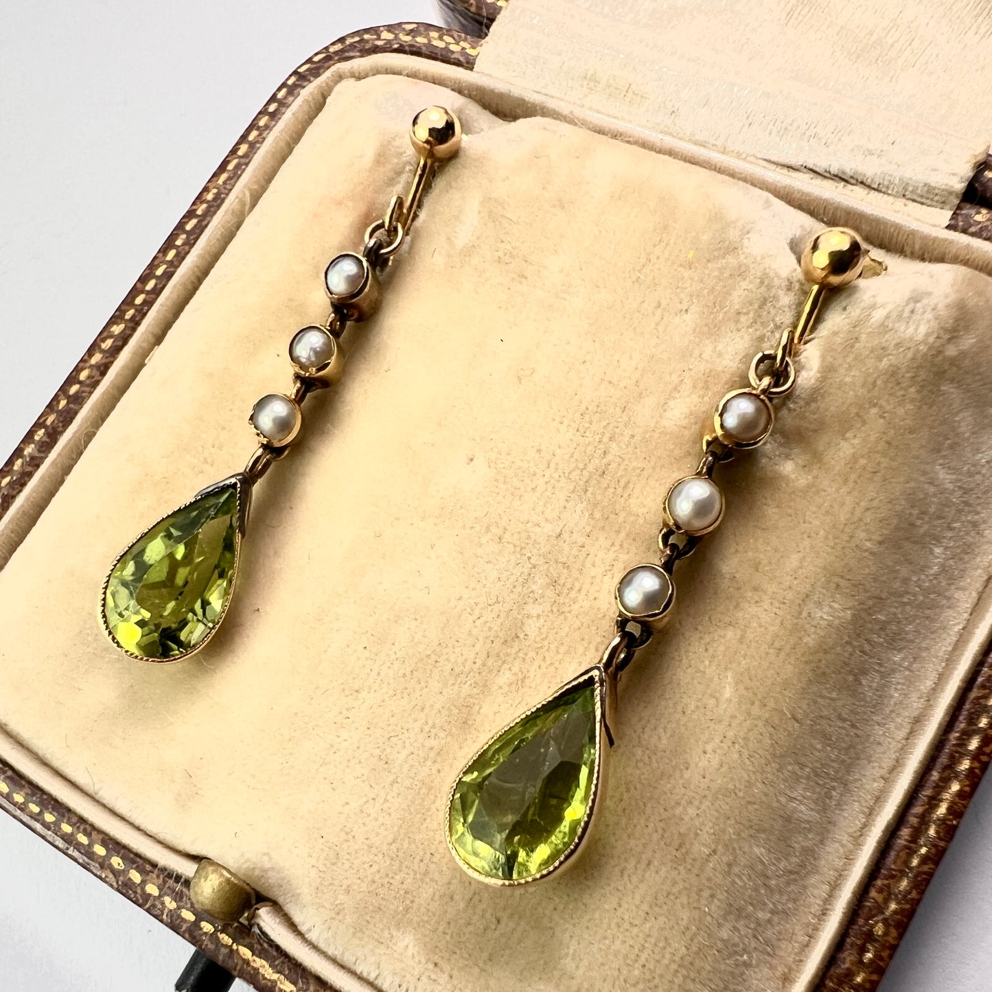 Edwardian Gold Pearl and Peridot Drop Earrings