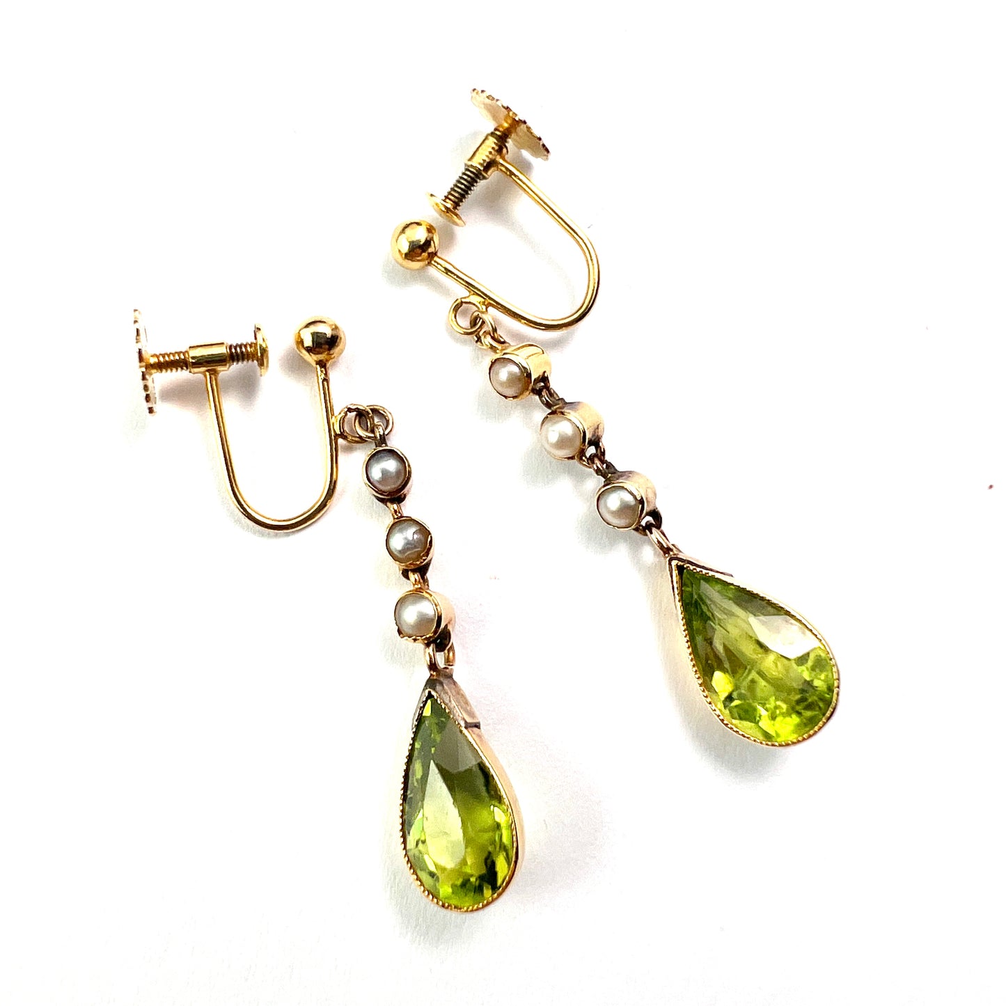 Edwardian Gold Pearl and Peridot Drop Earrings