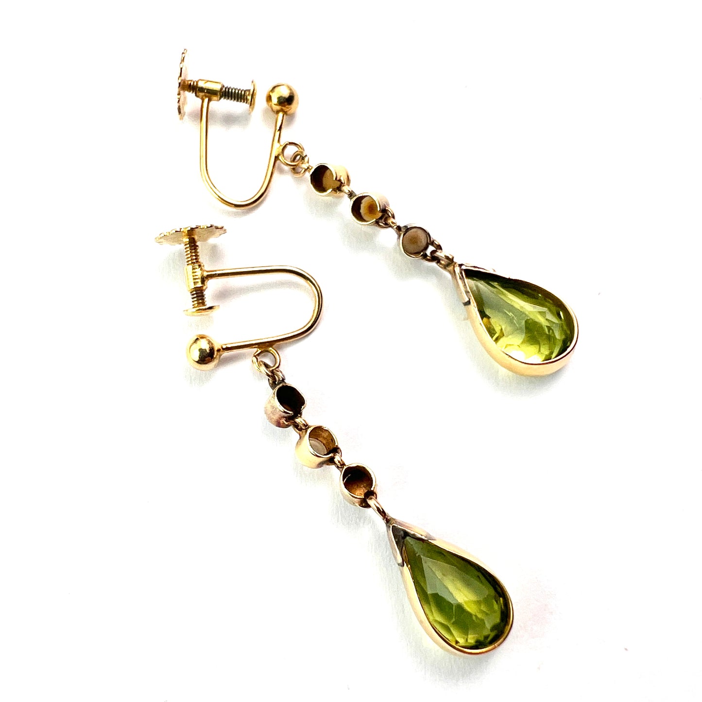 Edwardian Gold Pearl and Peridot Drop Earrings