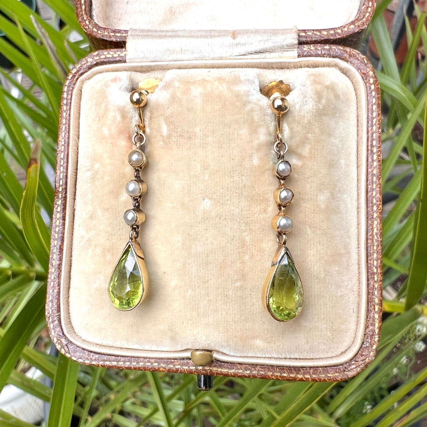 Edwardian Gold Pearl and Peridot Drop Earrings