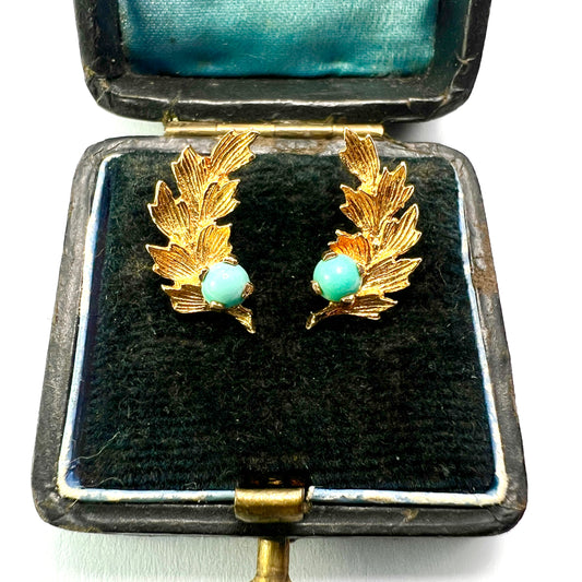 Vintage Gold and Turquoise Leaf Stud Earrings