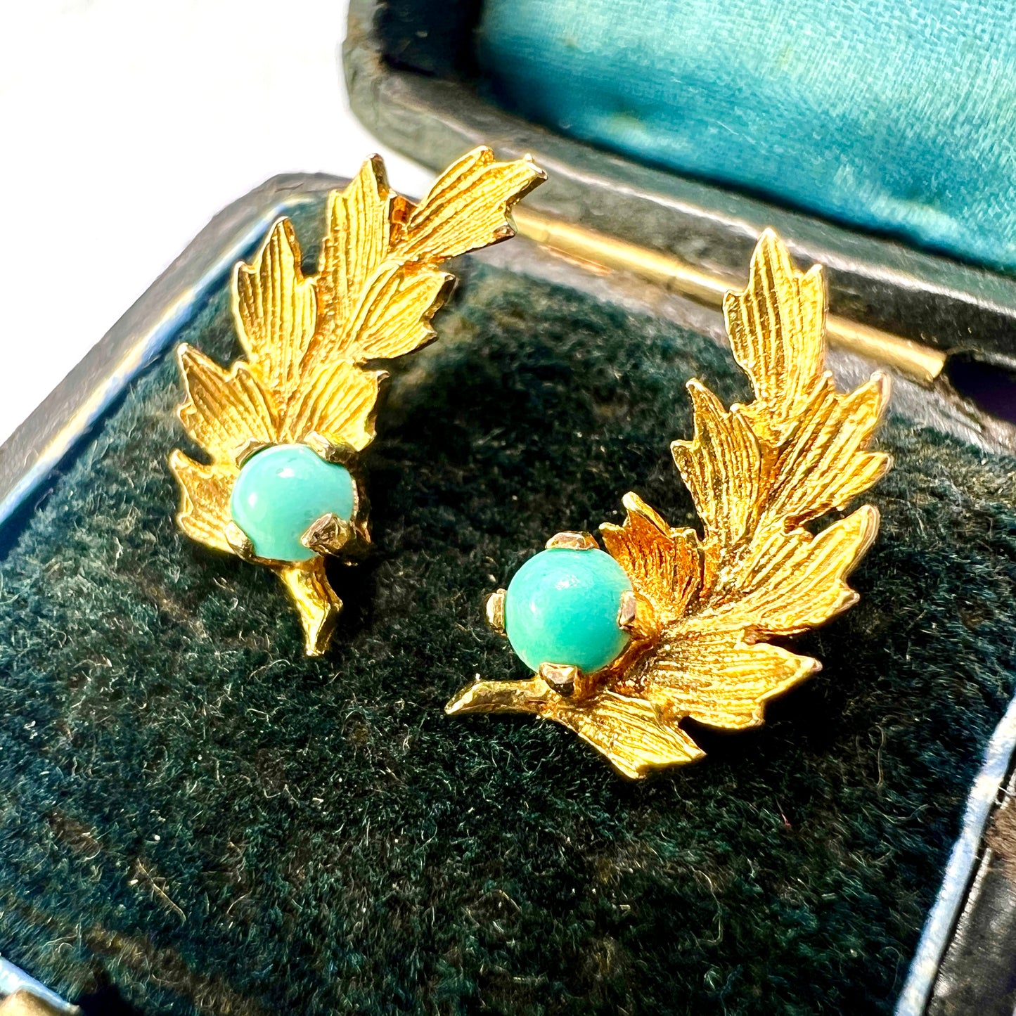 Vintage Gold and Turquoise Leaf Stud Earrings