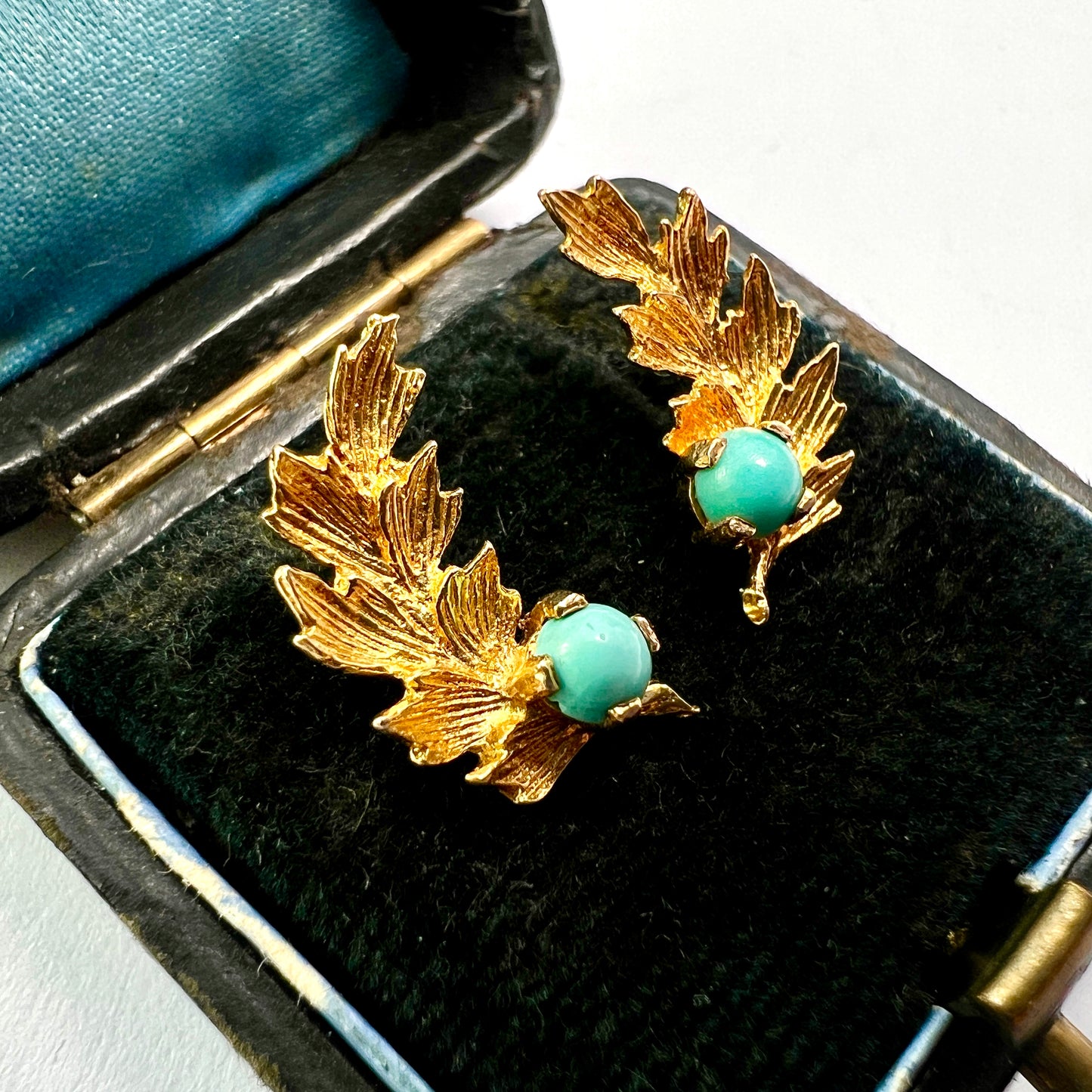 Vintage Gold and Turquoise Leaf Stud Earrings