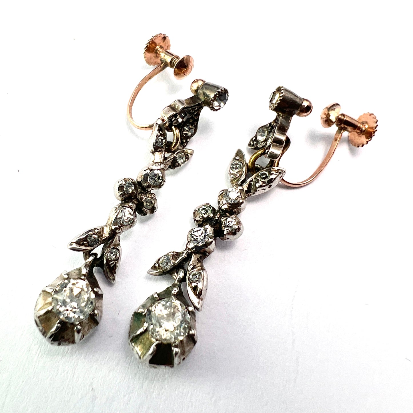 Georgian Gold and Silver Diamond Paste Drop Earrings