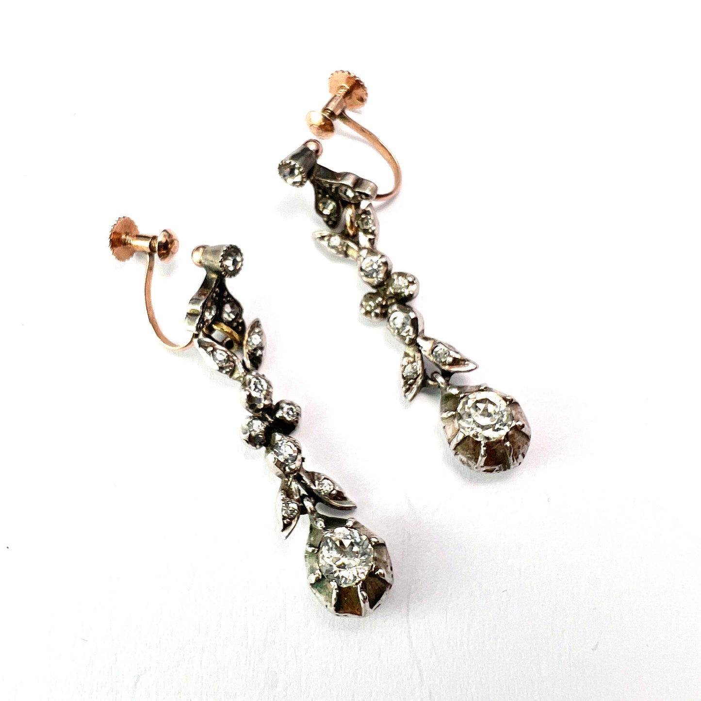Georgian Gold and Silver Diamond Paste Drop Earrings