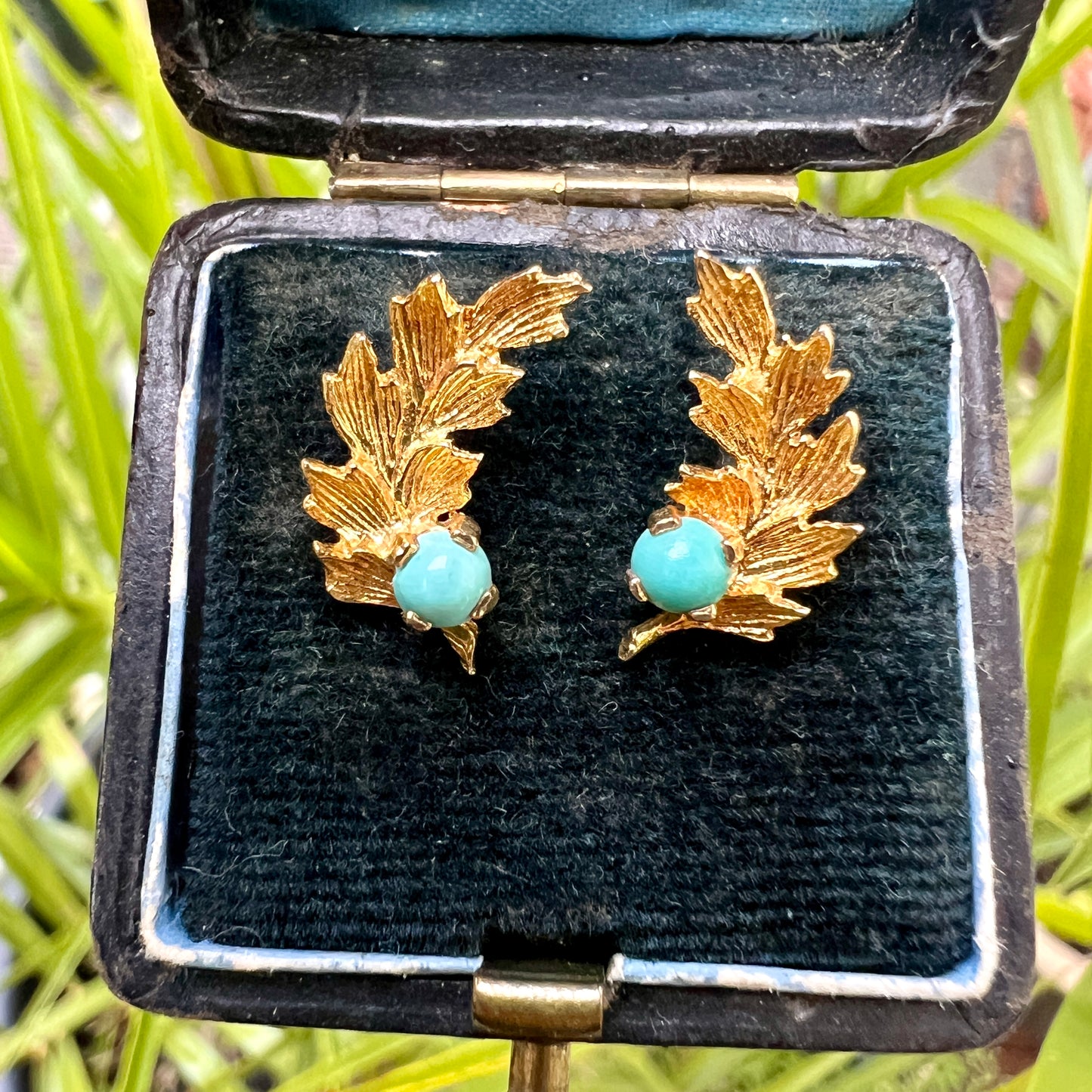 Vintage Gold and Turquoise Leaf Stud Earrings