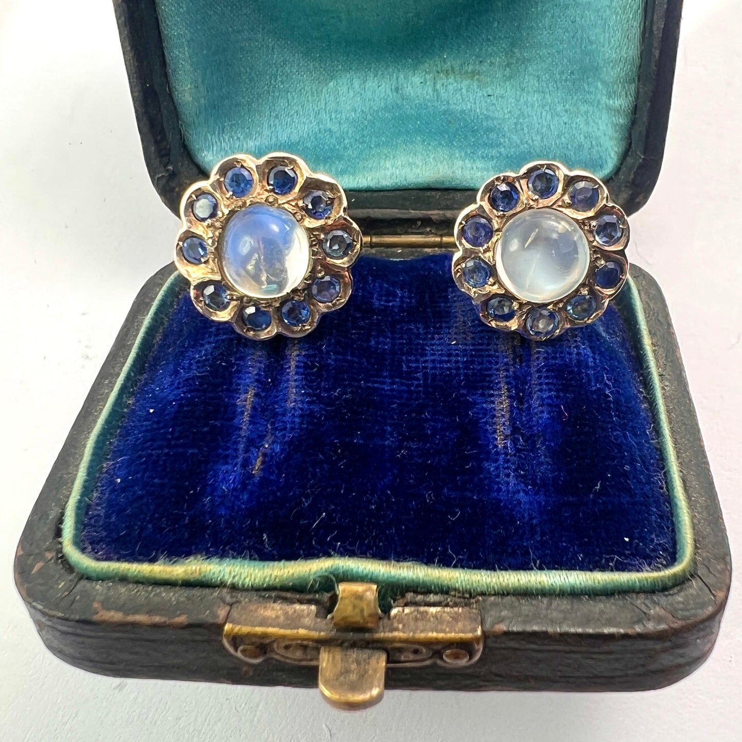 Vintage Moonstone and Sapphire Halo Gold Earrings