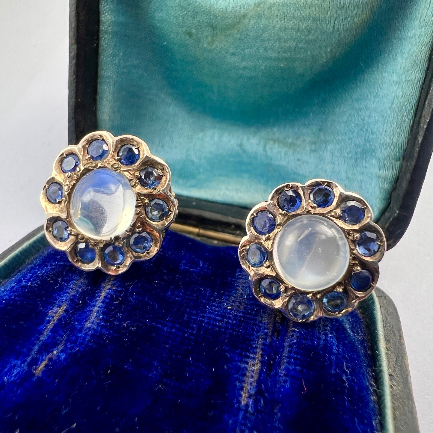 Vintage Moonstone and Sapphire Halo Gold Earrings
