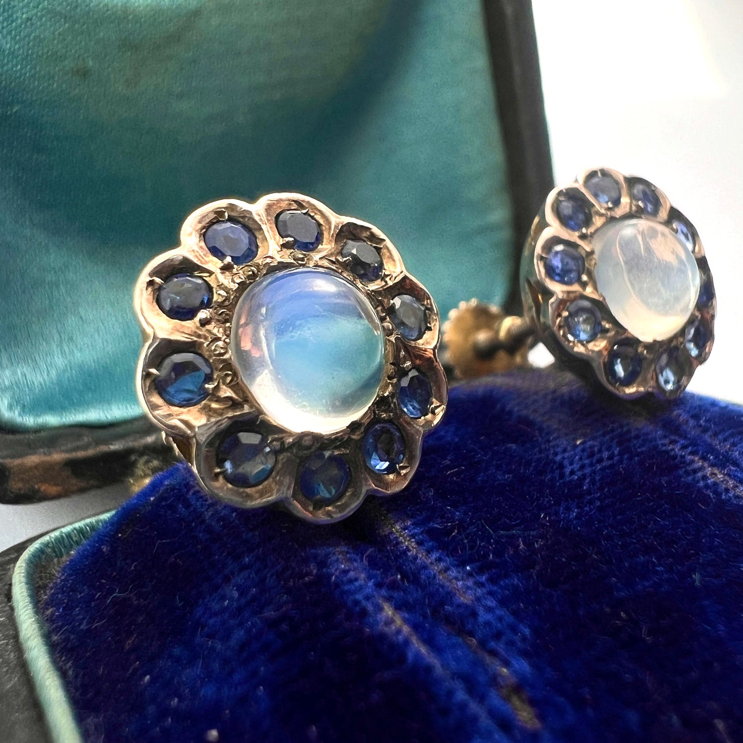 Vintage Moonstone and Sapphire Halo Gold Earrings