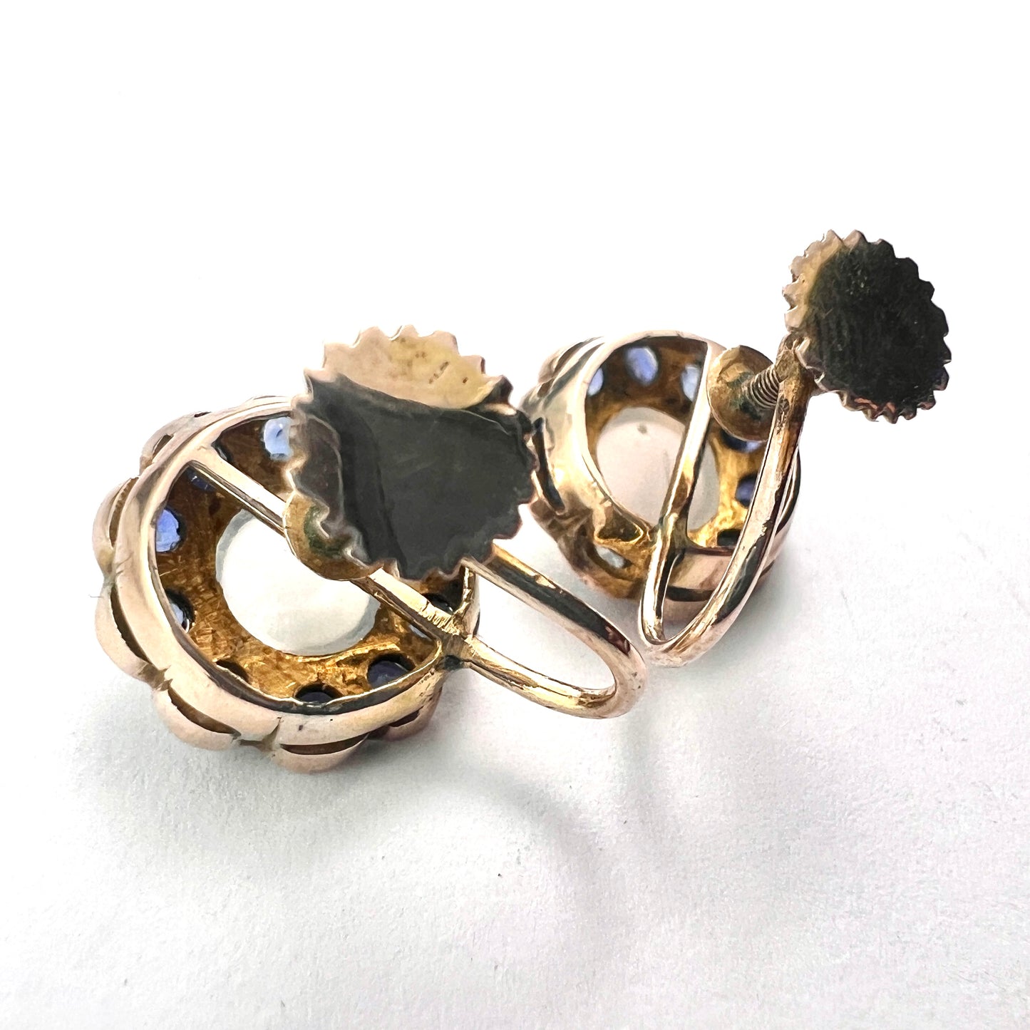 Vintage Moonstone and Sapphire Halo Gold Earrings