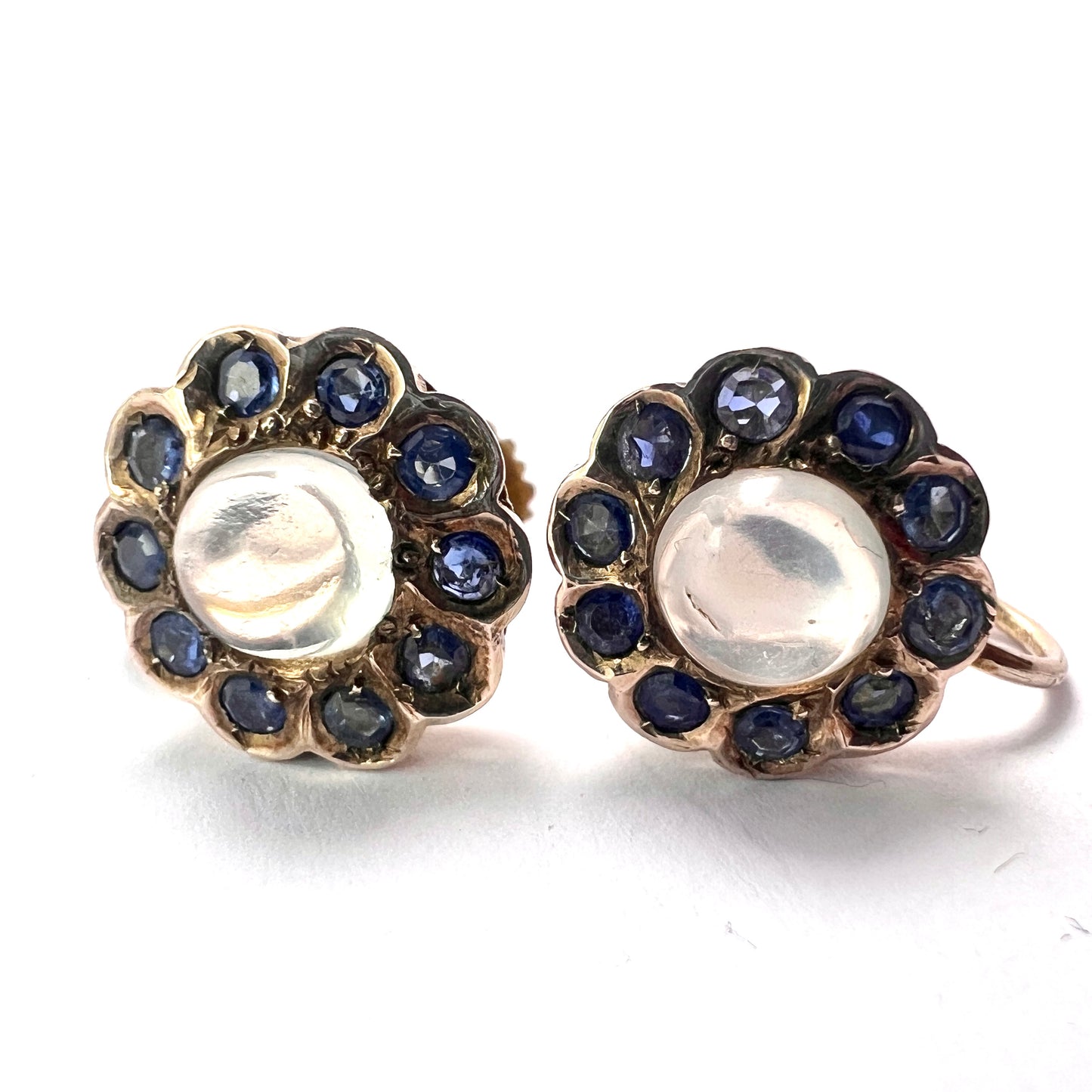 Vintage Moonstone and Sapphire Halo Gold Earrings