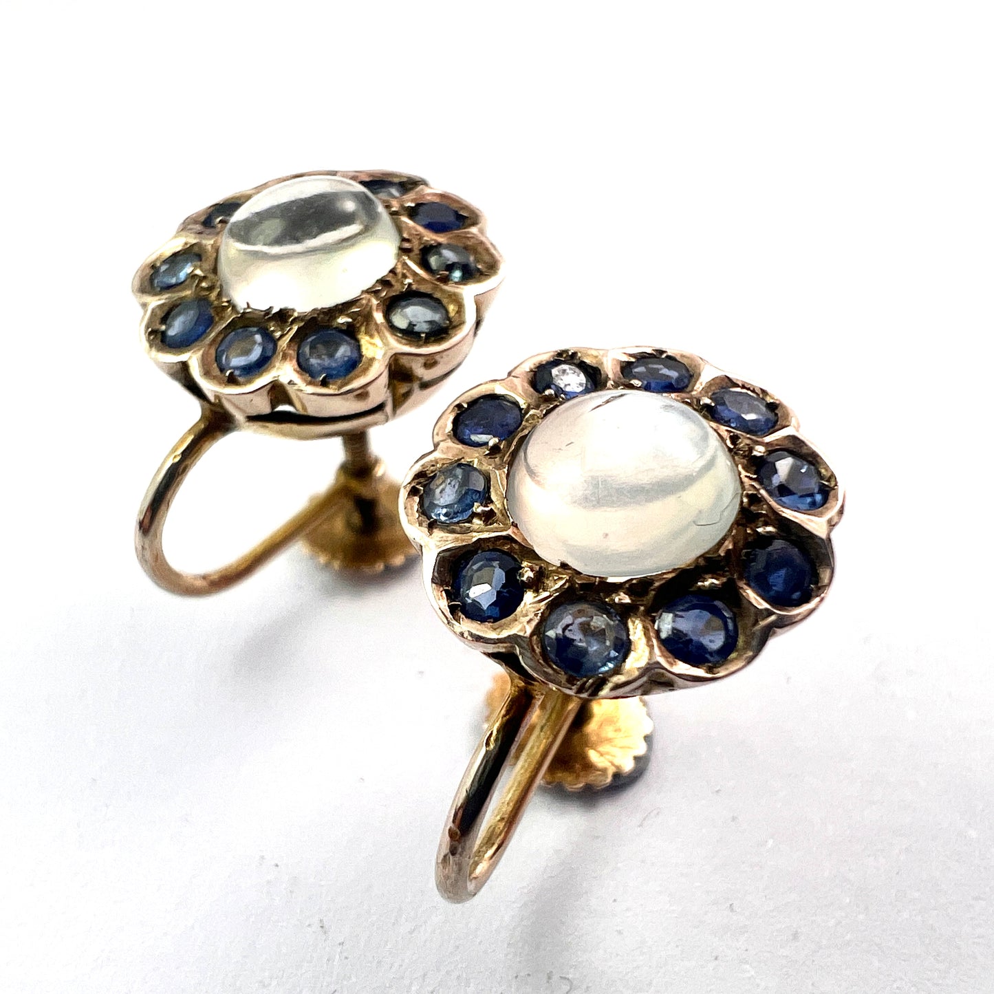 Vintage Moonstone and Sapphire Halo Gold Earrings