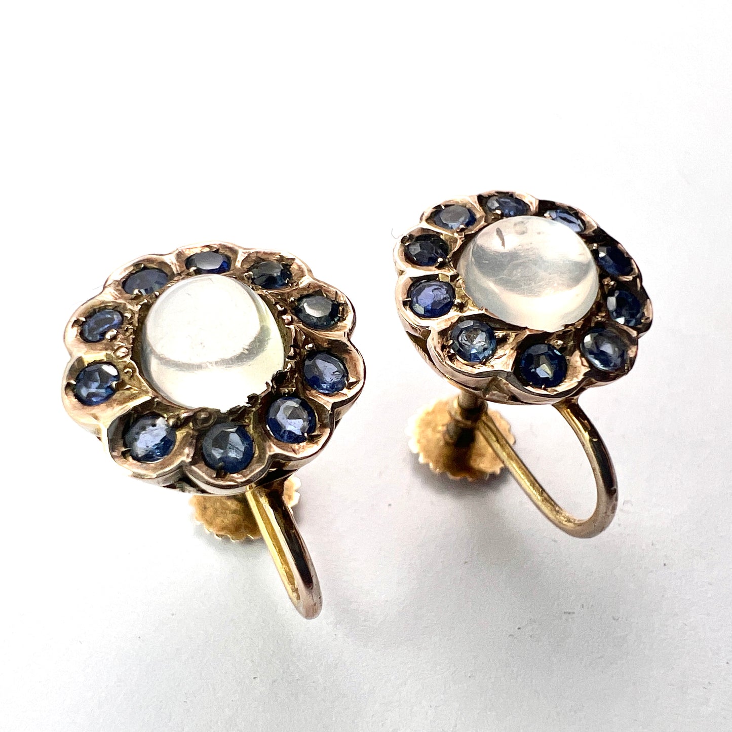 Vintage Moonstone and Sapphire Halo Gold Earrings