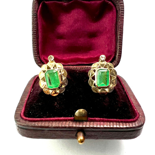 Vintage 18CT Gold Emerald and Diamond Latchback Earrings