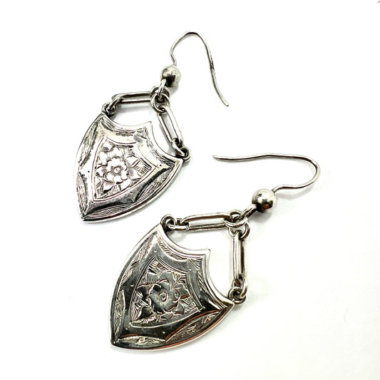 Rare Large Victorian Silver Shield Drop Earrings