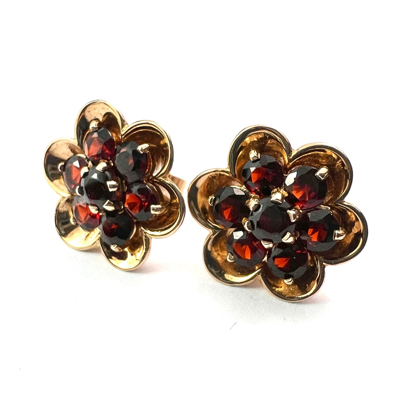 Vintage 9CT Gold Garnet Cluster Flower Stud Earrings