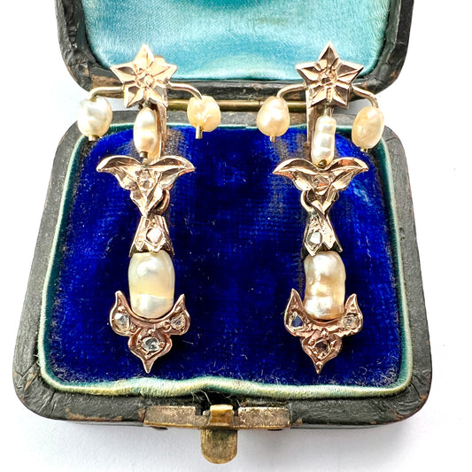 Art Nouveau Gold Baroque Pearl and Diamond Star Earrings