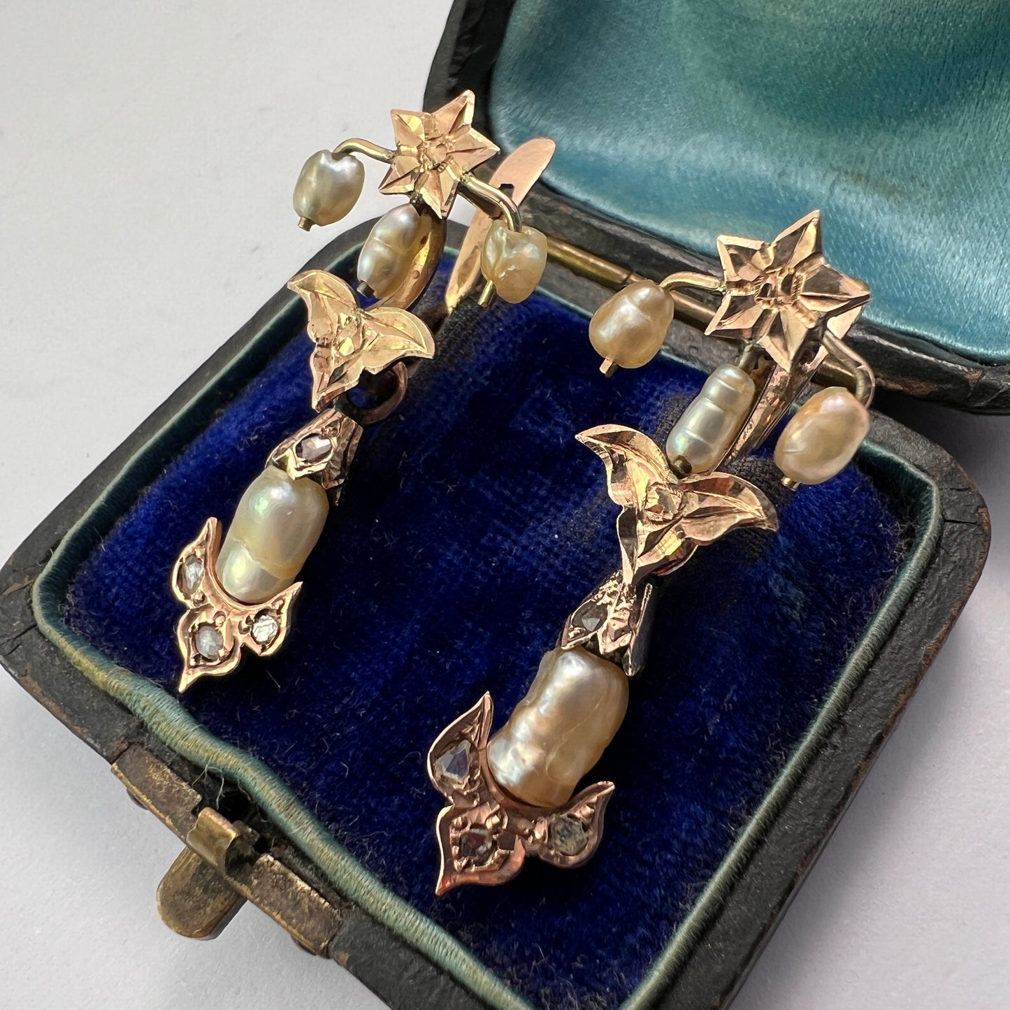 Art Nouveau Gold Baroque Pearl and Diamond Star Earrings