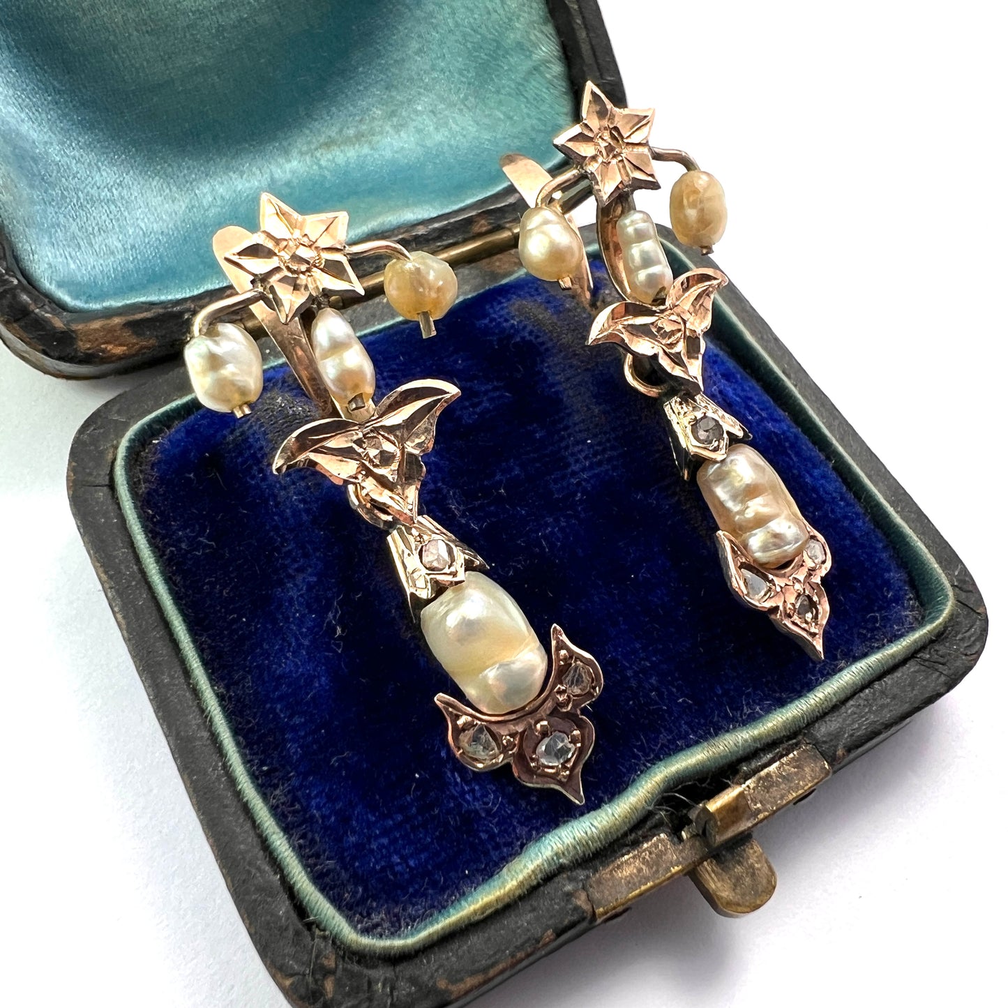 Art Nouveau Gold Baroque Pearl and Diamond Star Earrings