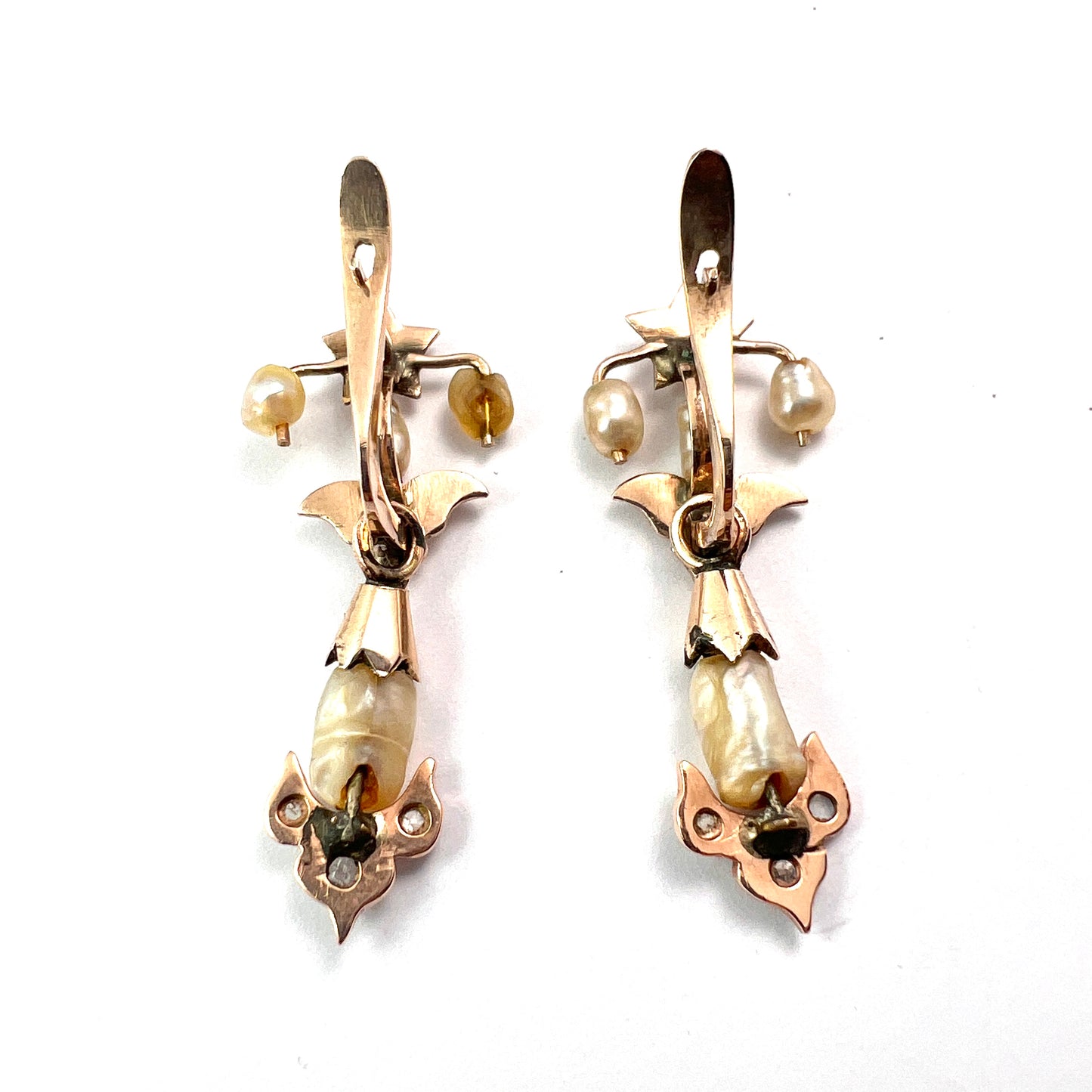 Art Nouveau Gold Baroque Pearl and Diamond Star Earrings