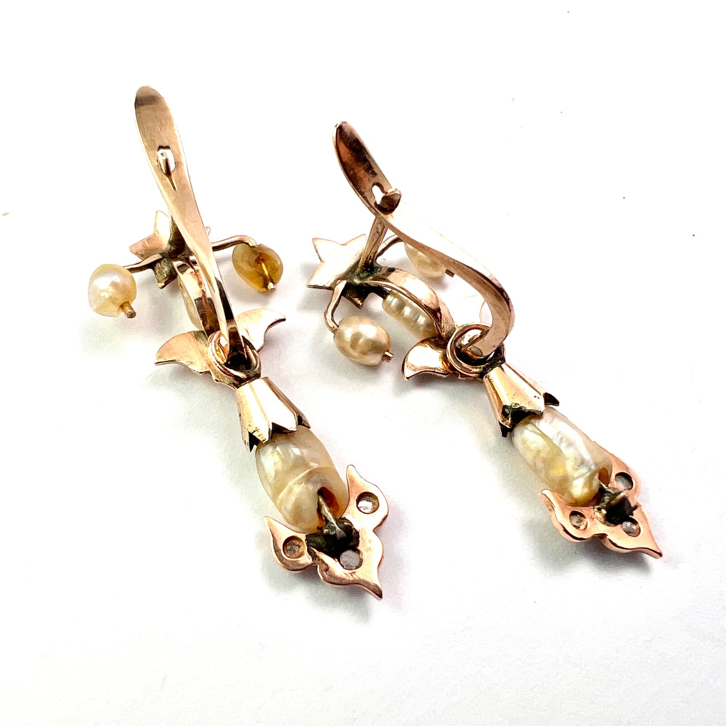 Art Nouveau Gold Baroque Pearl and Diamond Star Earrings