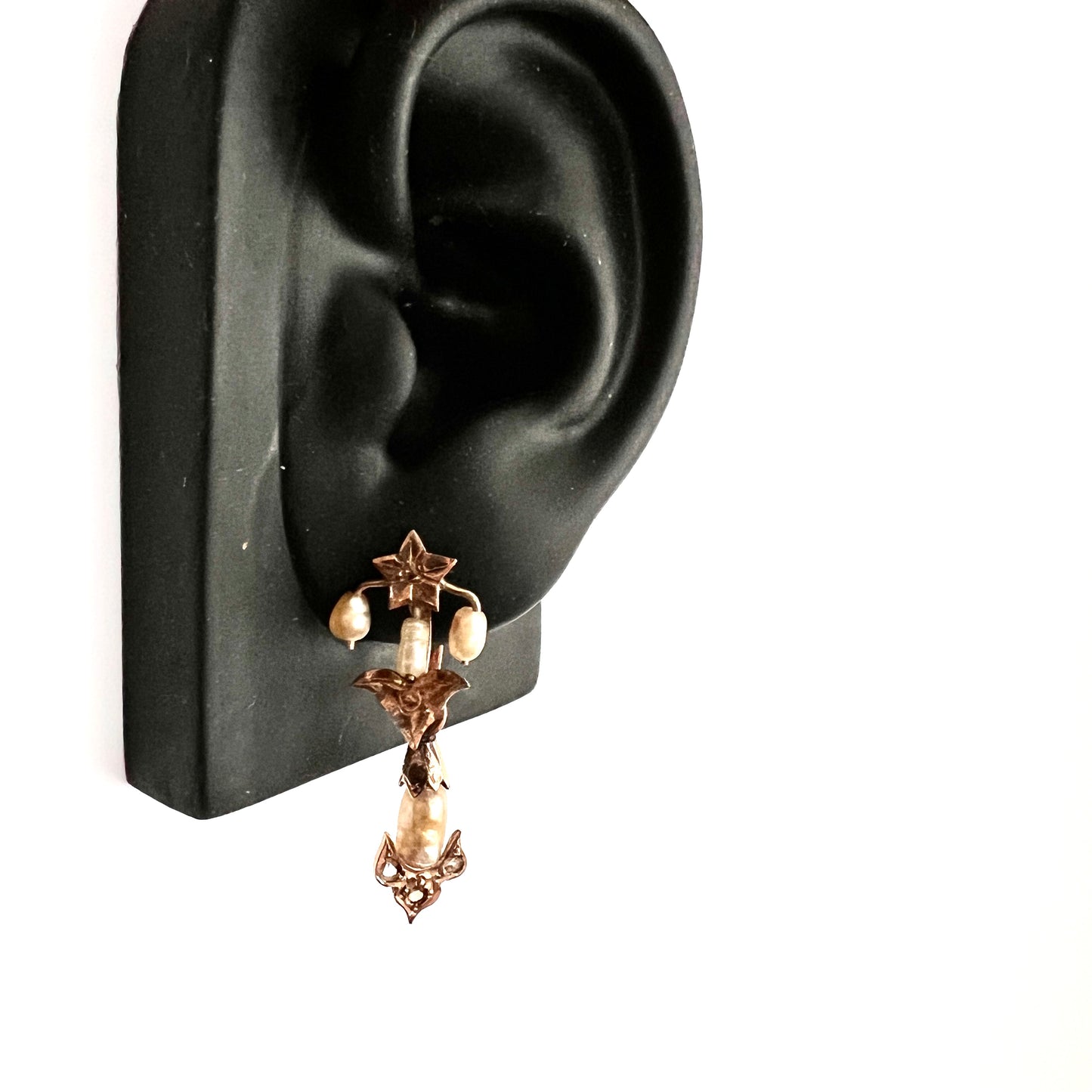 Art Nouveau Gold Baroque Pearl and Diamond Star Earrings