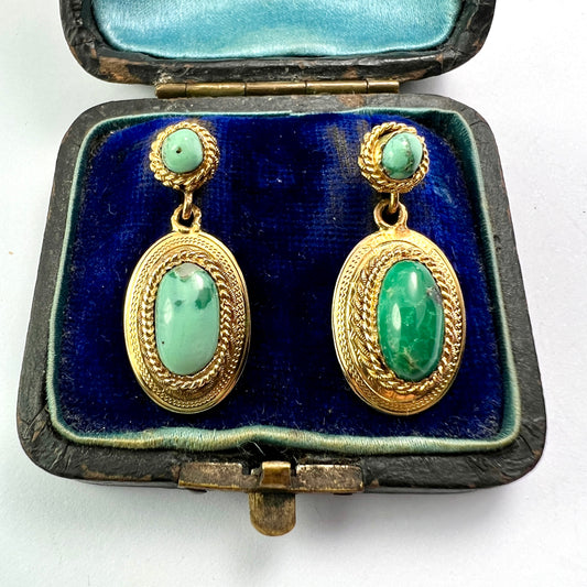 Large Antique Etruscan Revival Turquoise Gold Earrings