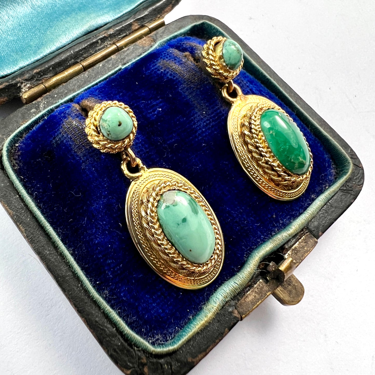 Antique Etruscan Revival Turquoise Gold Earrings