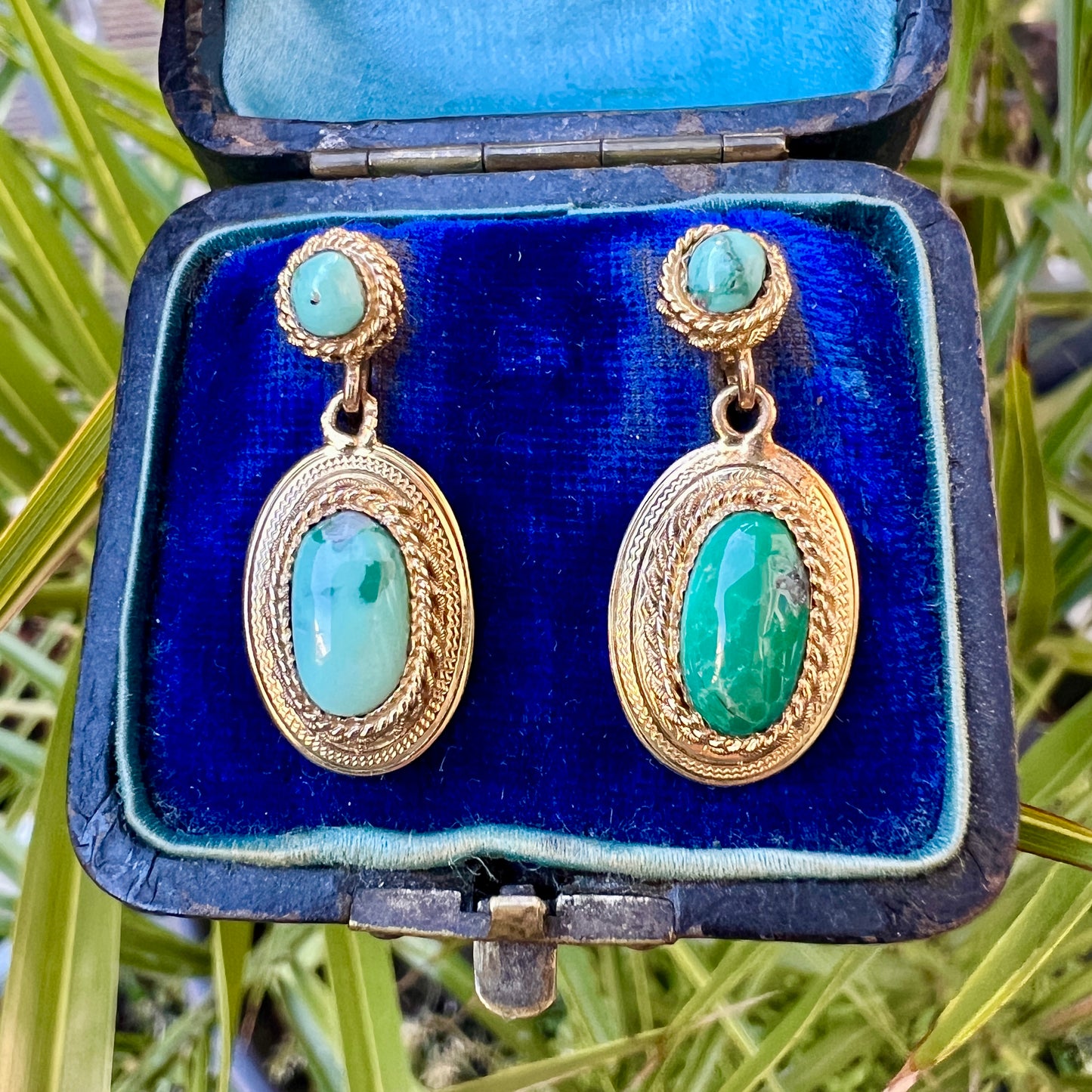 Antique Etruscan Revival Turquoise Gold Earrings