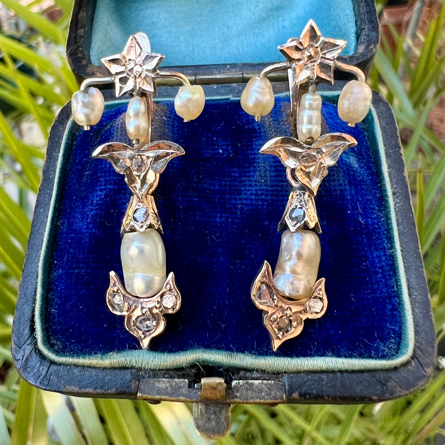 Art Nouveau Gold Baroque Pearl and Diamond Star Earrings