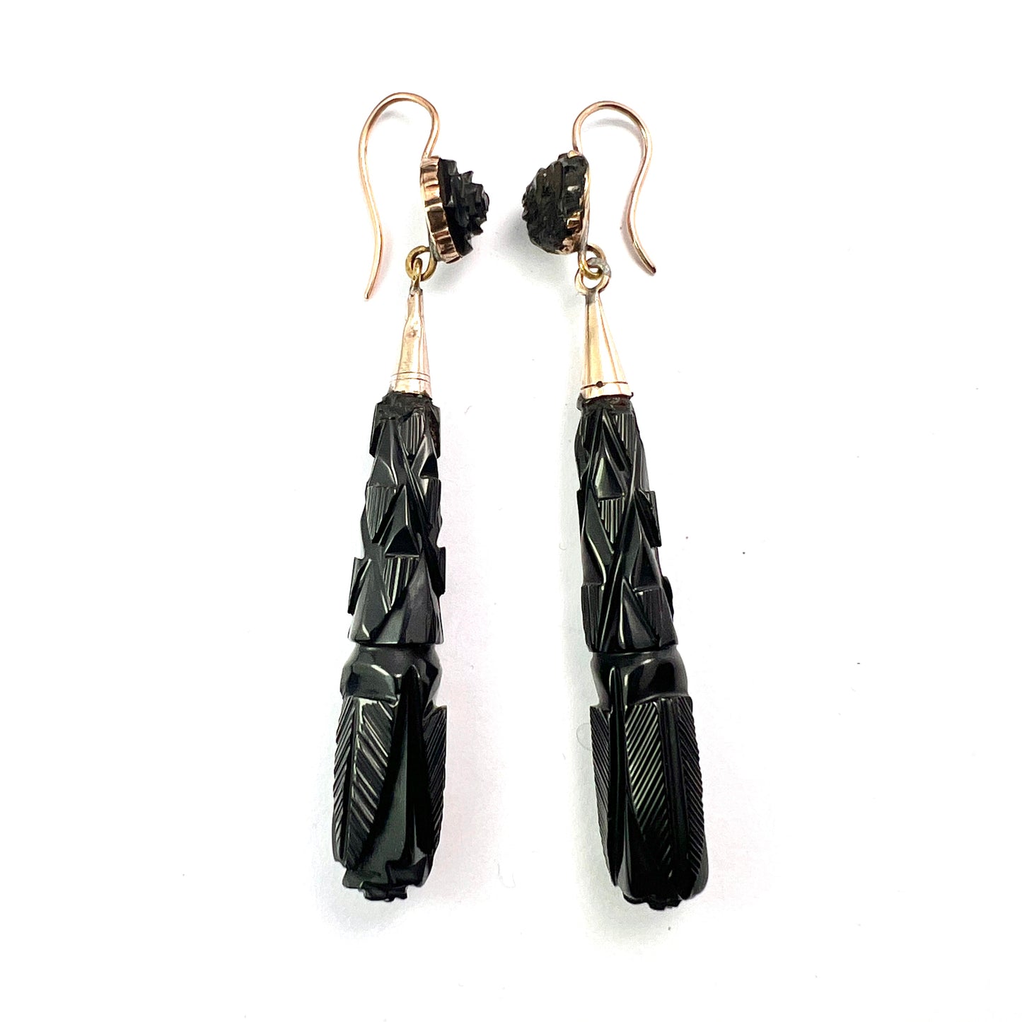 Large Victorian Carved Whitby Jet Gold Earrings
