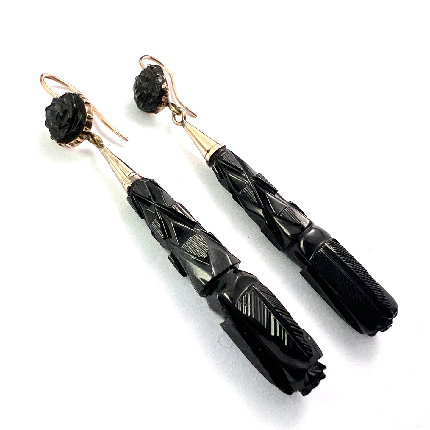 Large Victorian Carved Whitby Jet Gold Earrings