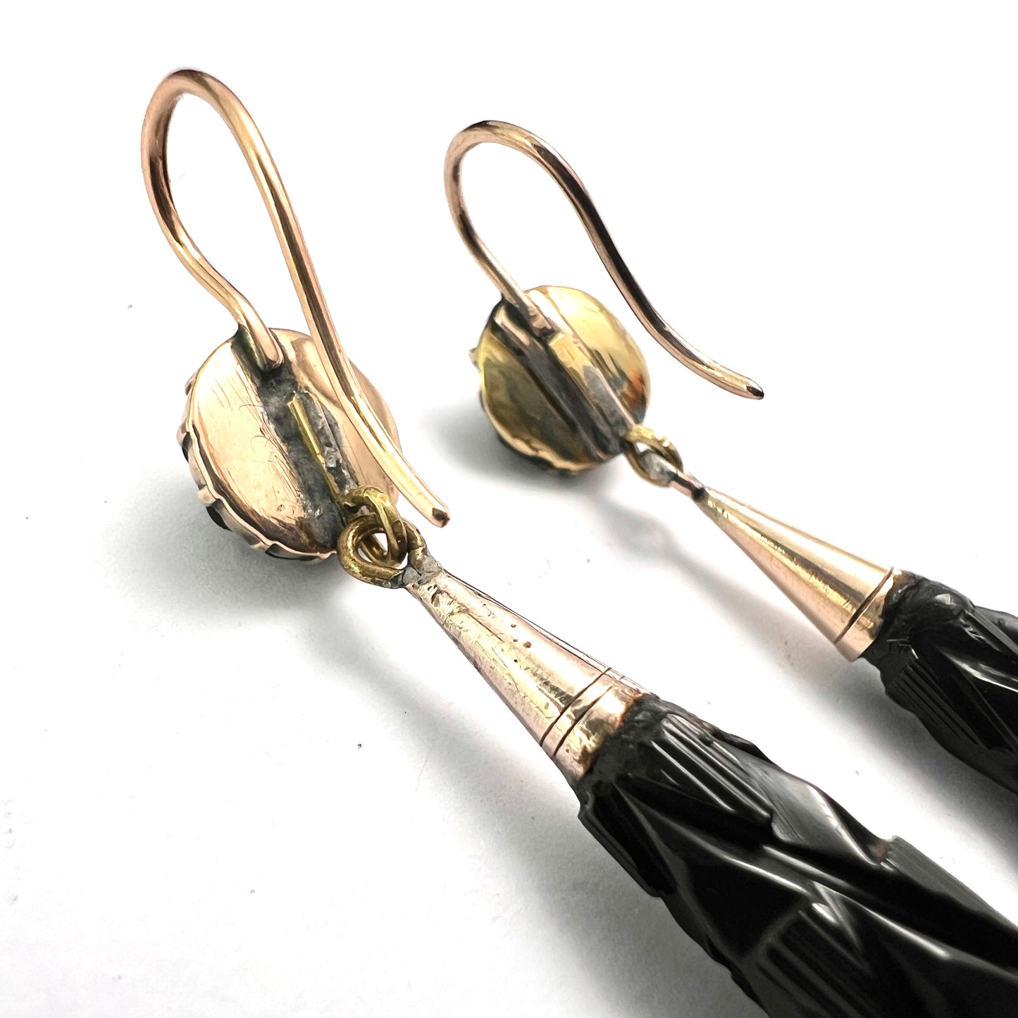 Large Victorian Carved Whitby Jet Gold Earrings