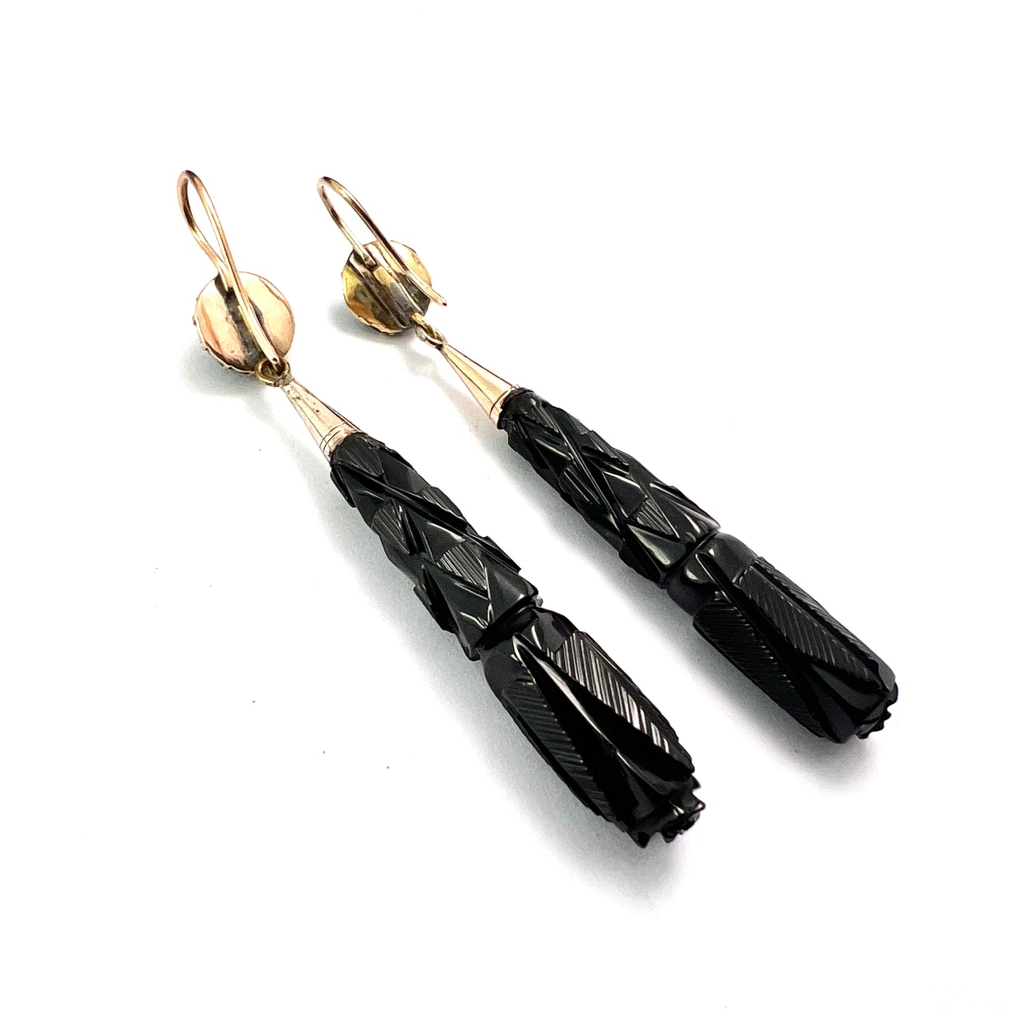 Large Victorian Carved Whitby Jet Gold Earrings