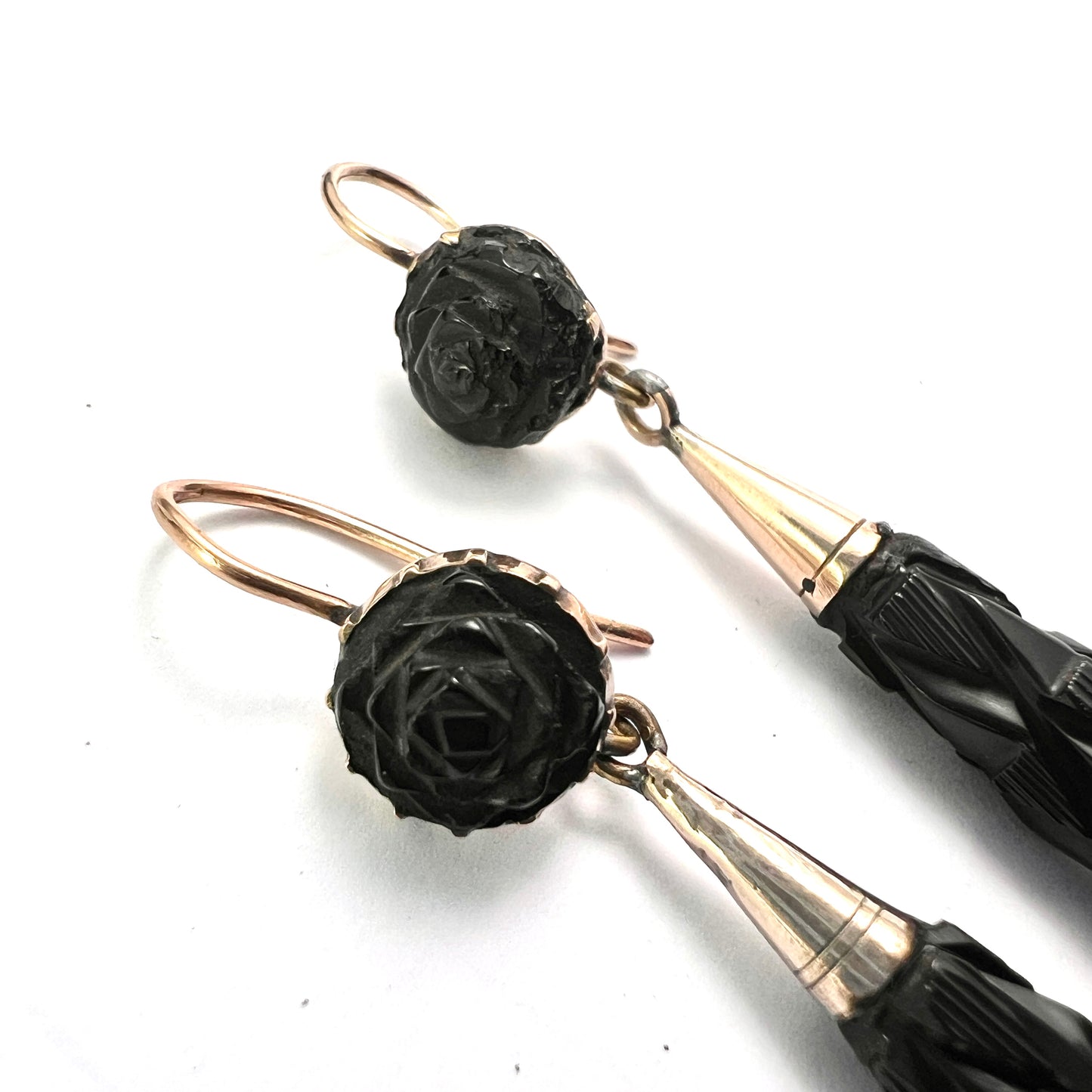 Large Victorian Carved Whitby Jet Gold Earrings