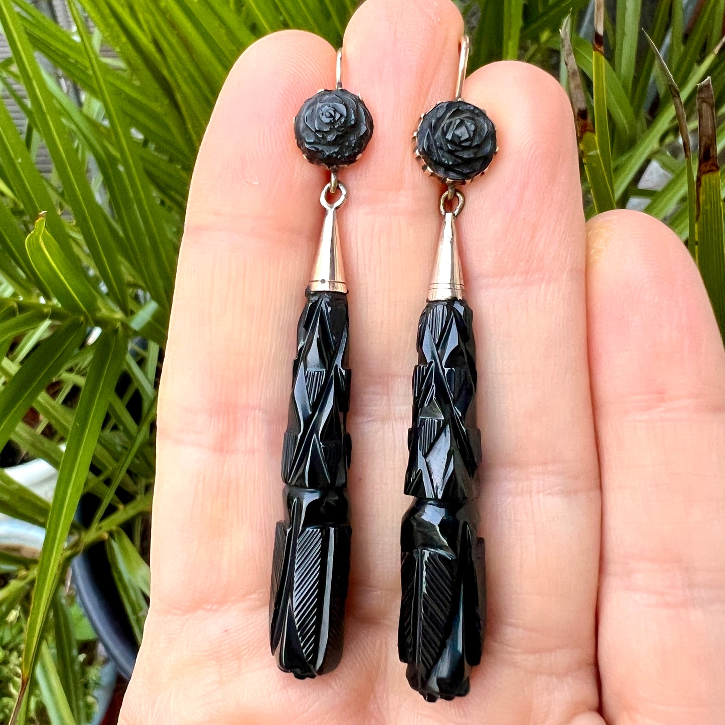 Large Victorian Carved Whitby Jet Gold Earrings
