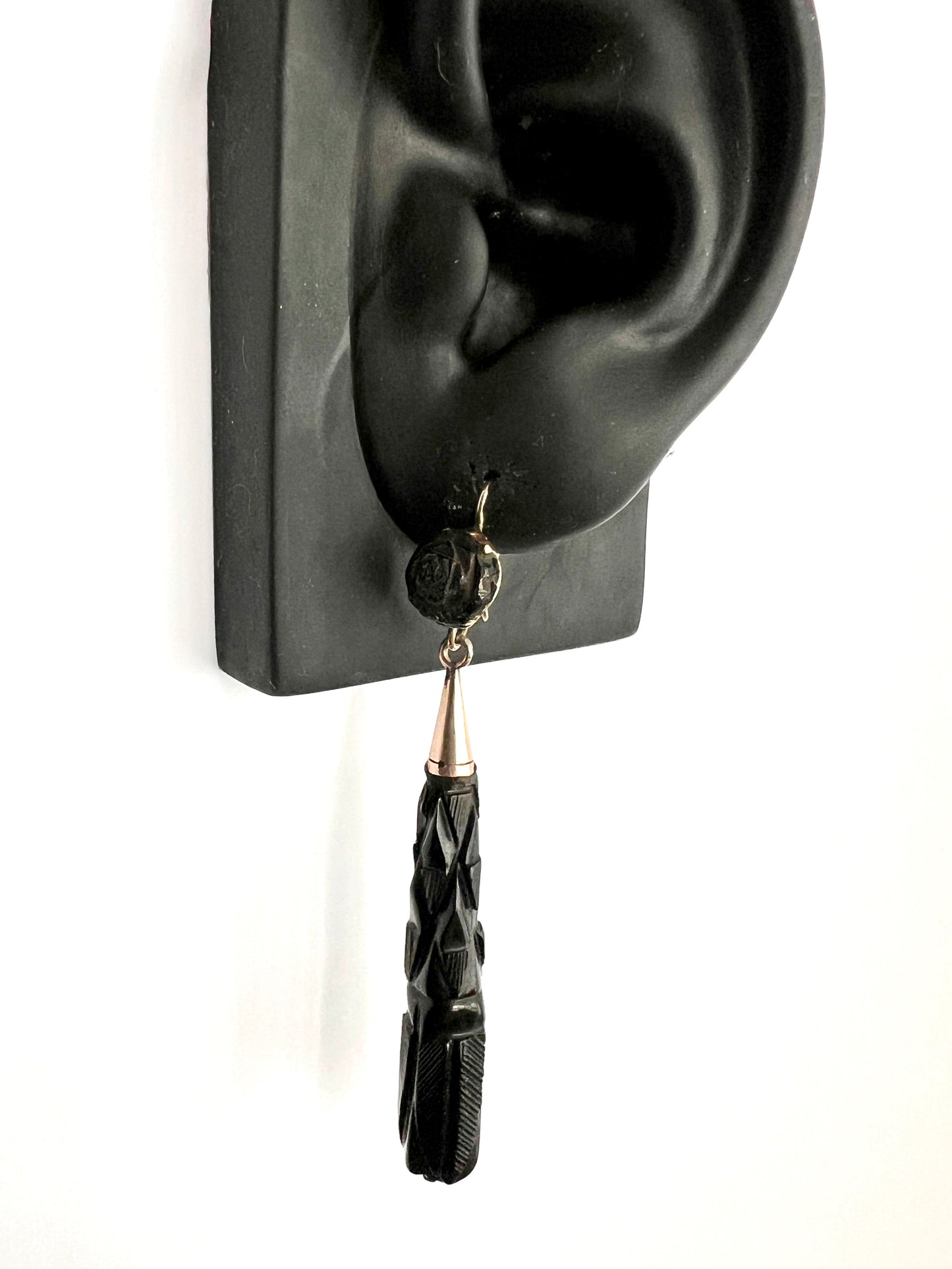 Large Victorian Carved Whitby Jet Gold Earrings