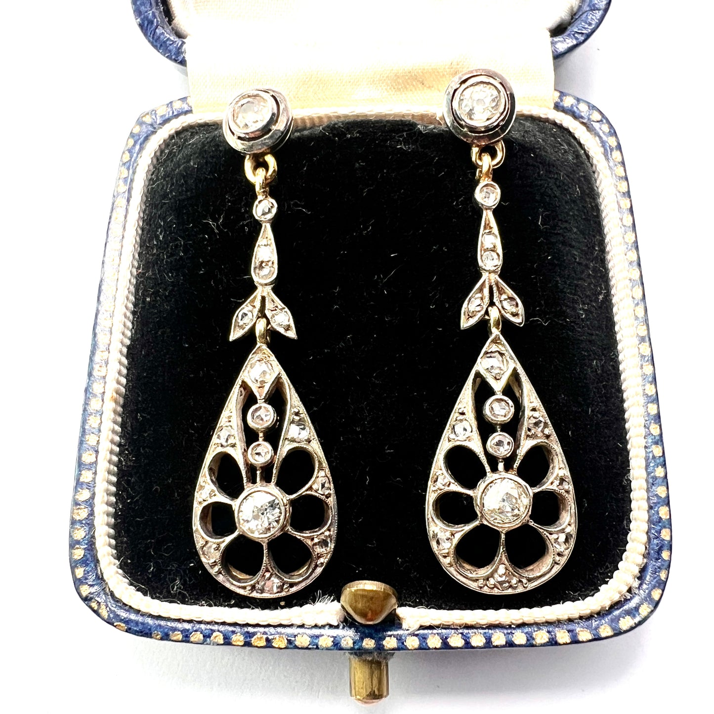Antique Gold and Silver Diamond Teardrop Earrings