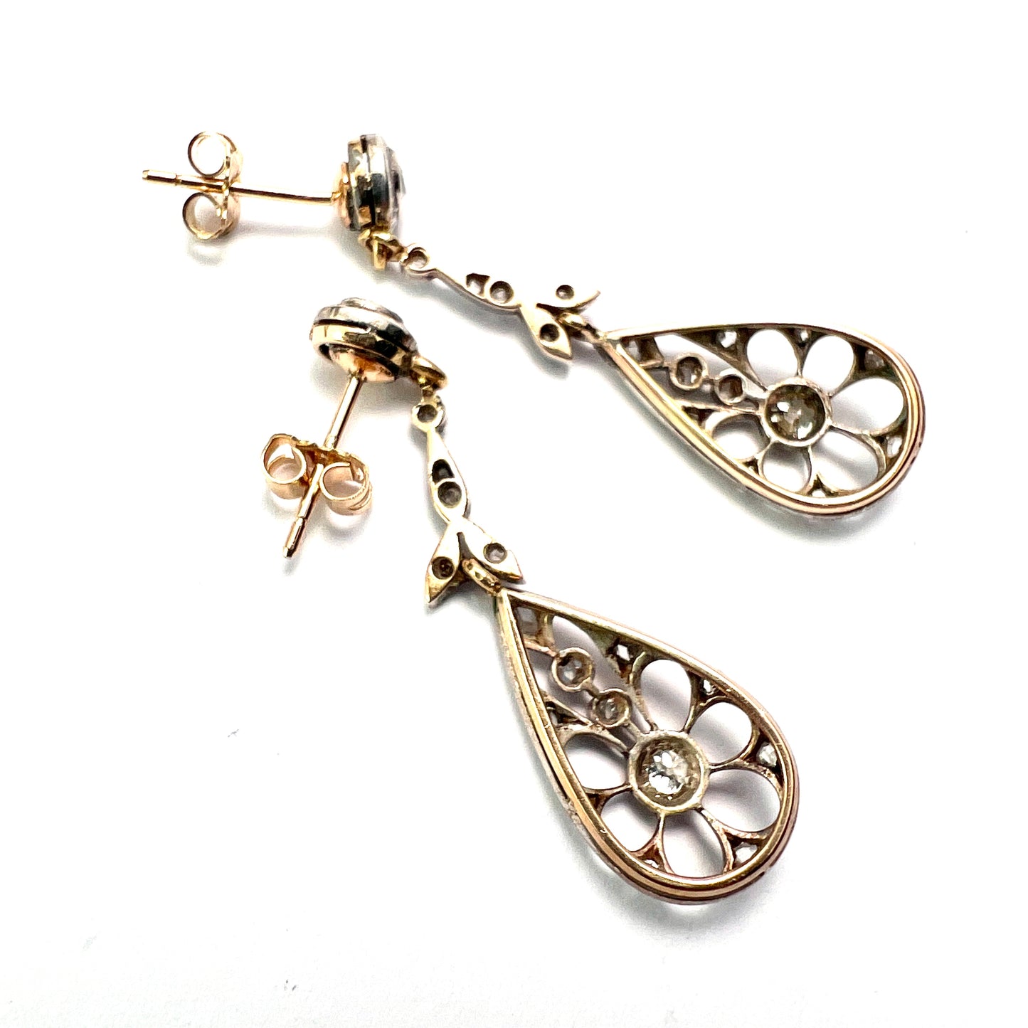 Antique Gold and Silver Diamond Teardrop Earrings