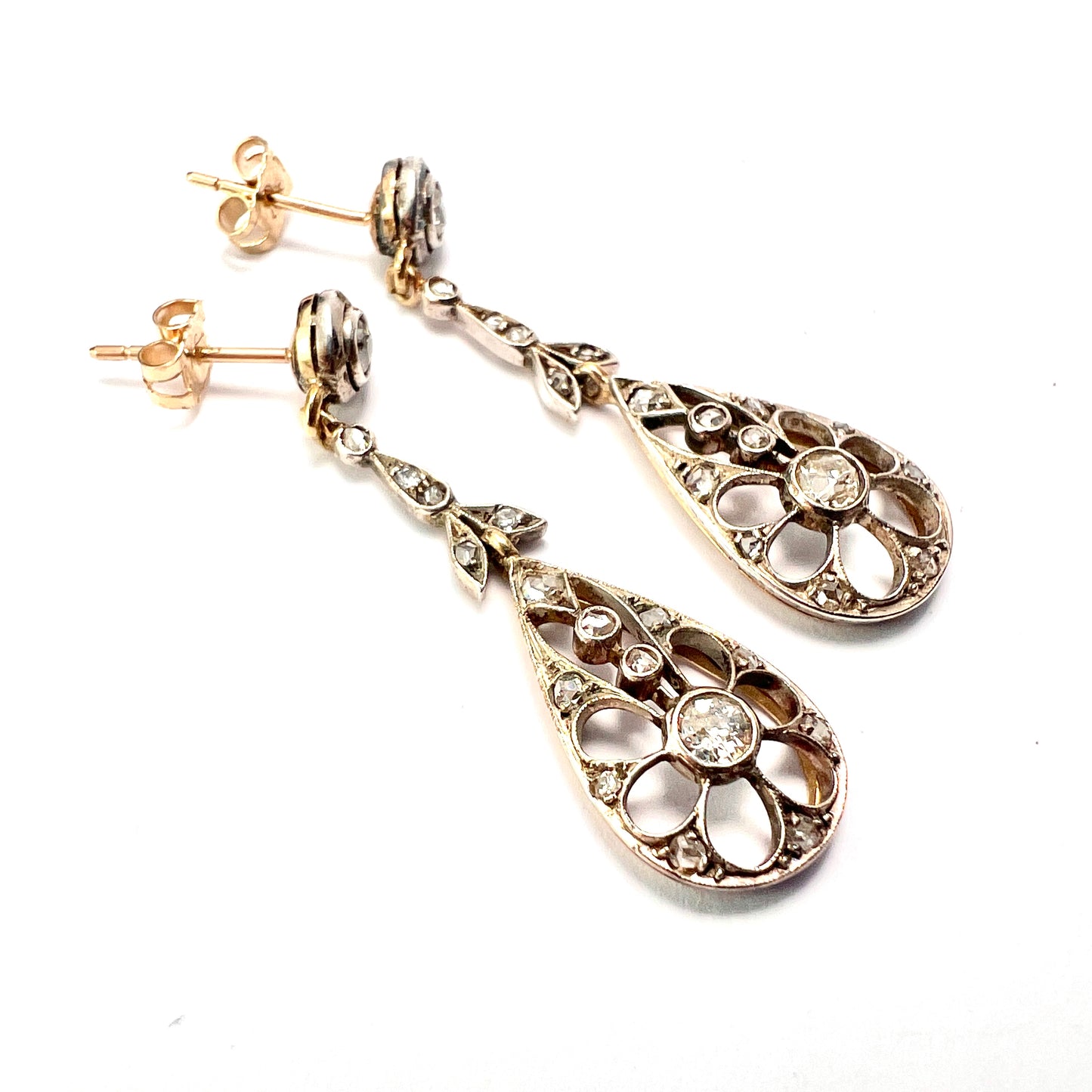 Antique Gold and Silver Diamond Teardrop Earrings