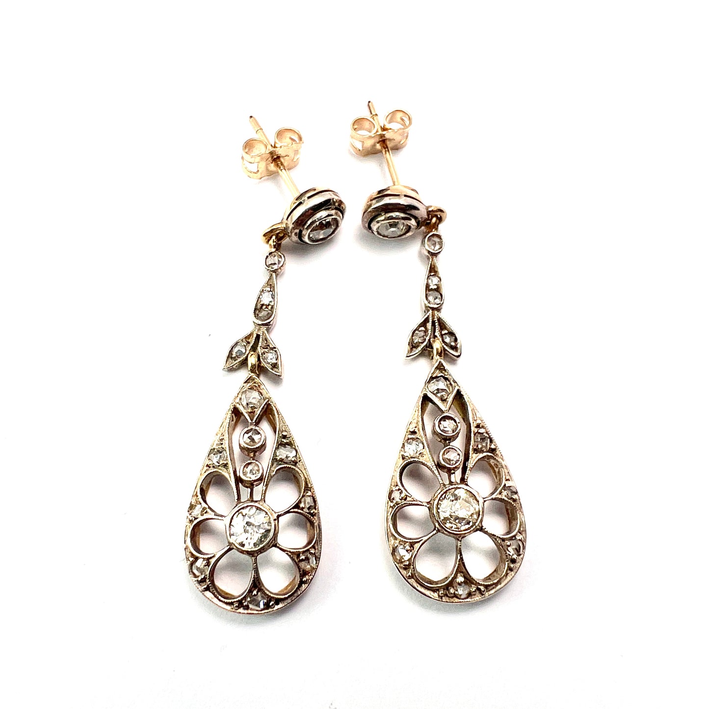 Antique Gold and Silver Diamond Teardrop Earrings