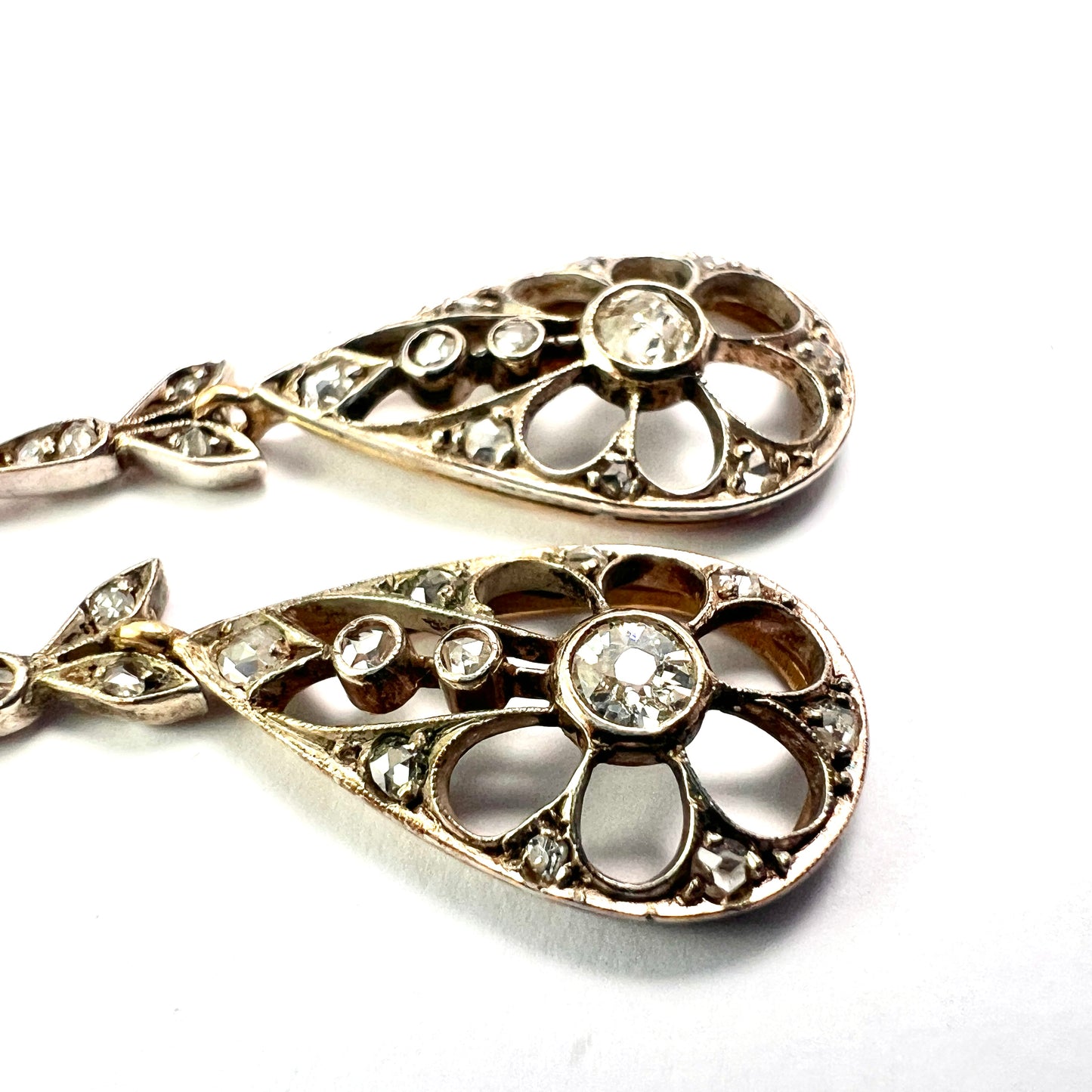 Antique Gold and Silver Diamond Teardrop Earrings