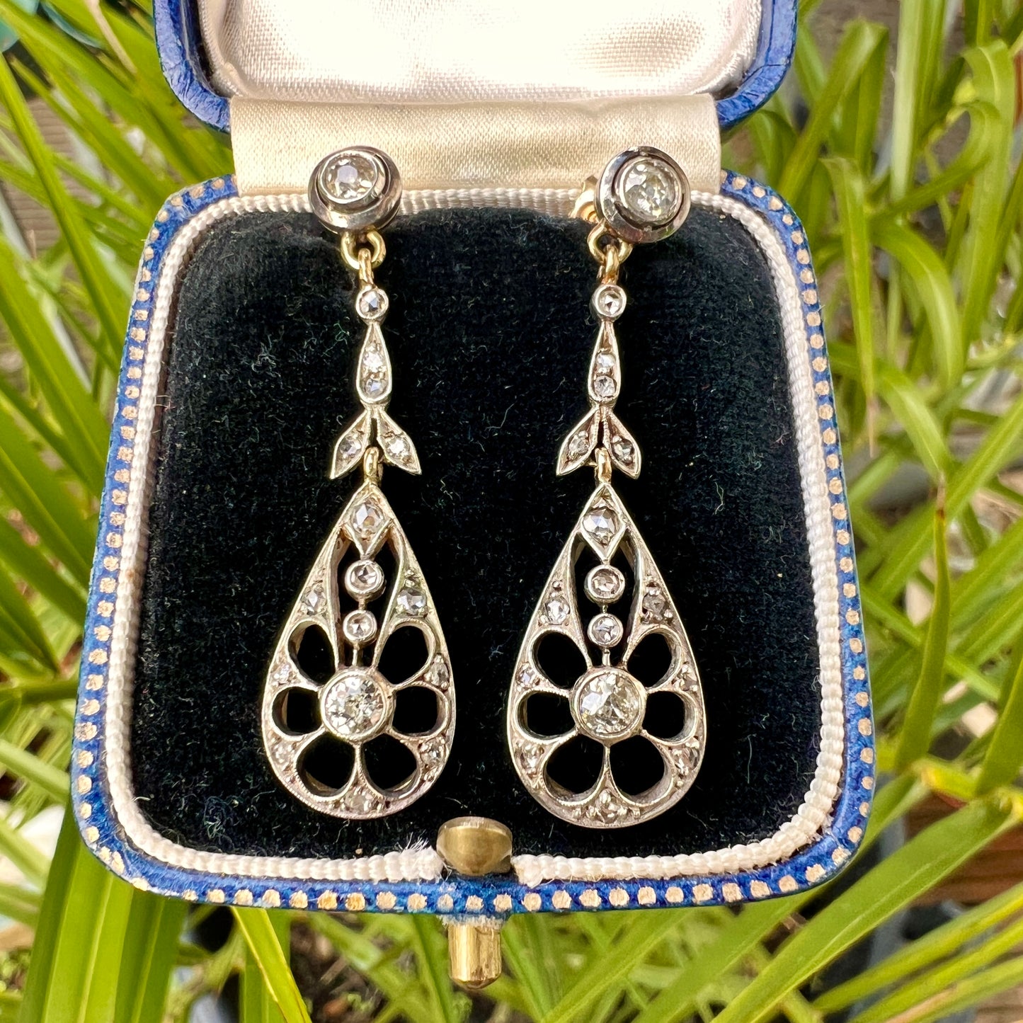 Antique Gold and Silver Diamond Teardrop Earrings