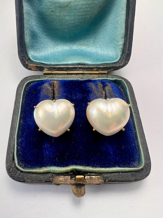 Large Vintage 18CT Gold Pearl Heart Stud Earrings